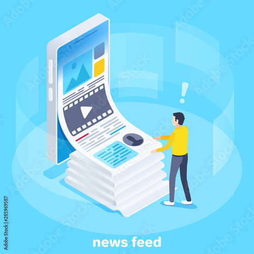 isometric vector image on a blue background, a man stands near a smartphone and looks through a news feed, internet surfing