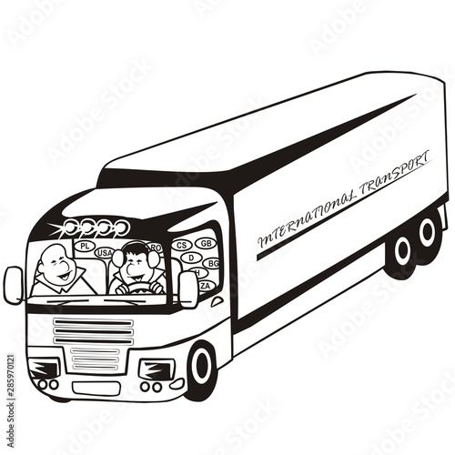 lorry, men at cabin, silhouette, vector icon