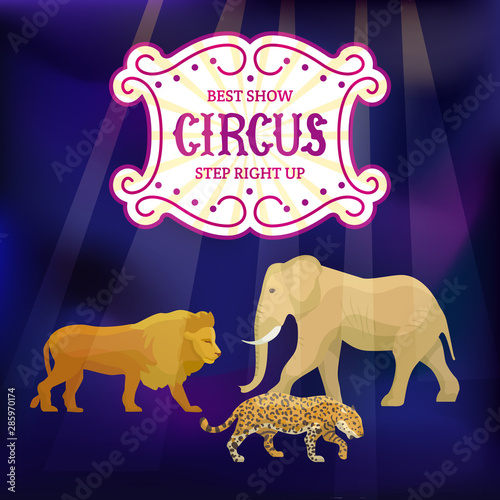 Circus animals performance show announcement, vector illustration. Retro cartoon style poster print with circus animals show, elephant, lion and panther.