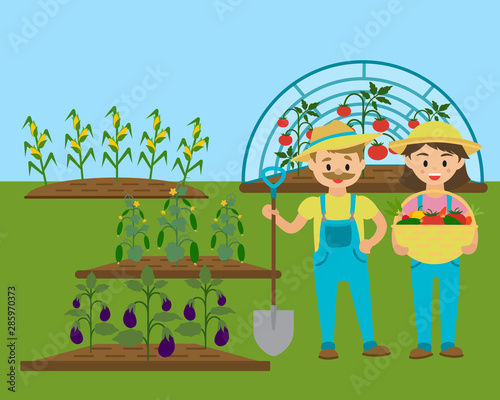 Gardener family, rural garden with eco vegetables vector illustration. Gardening cartoon characters of man and woman. Various plants, vegetables in flat style.