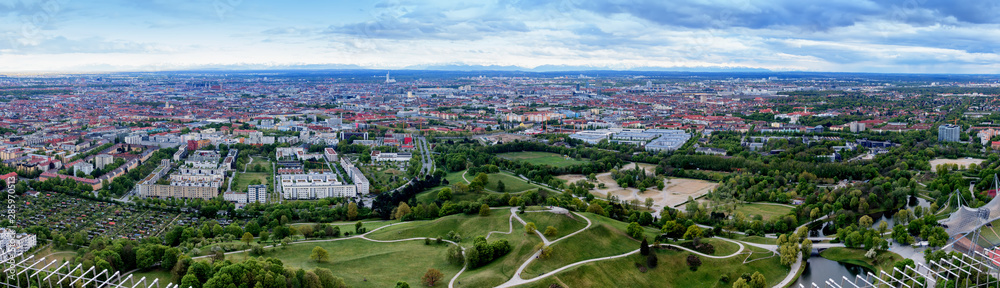 Munich, Germany - Panoramic view from the observation deck (Olimpic Tower) in a cloudy day. 