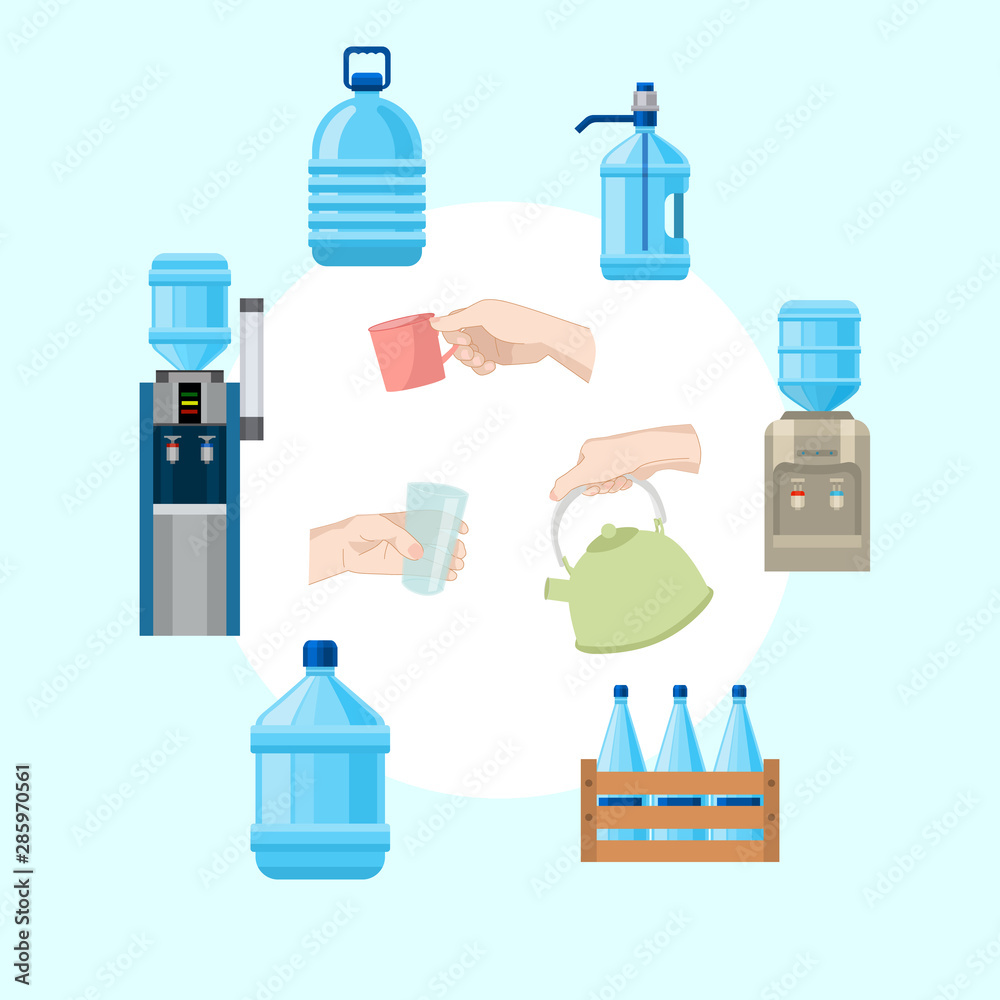 Water infographic vector illustration. Collection of water related illustrations, symbols, bottles of different sizes and shapes, mineral water cooler, kettle and hands with cups of water.