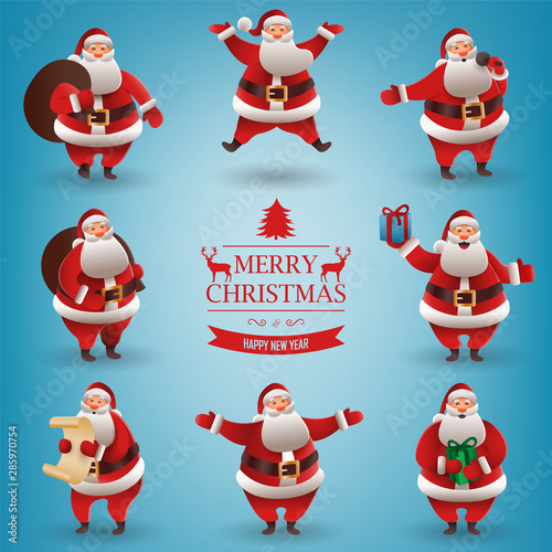 Santa Claus christmas character set. Santa with different gestures and gifts. For Christmas cards, banners, tags and labels. Vector