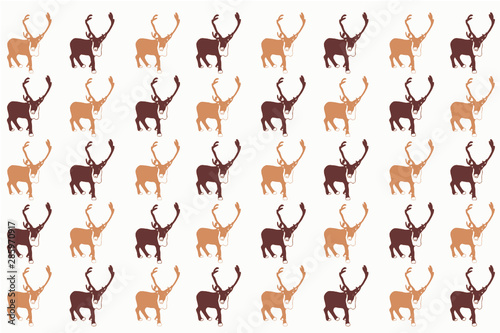 Seamless reindeer repeated pattern wrapping paper design. Wallpaper background. Mix of maroon red and brown color reindeers.