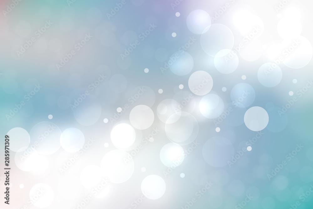 Abstract blurred fresh vivid spring summer light delicate pastel blue white bokeh background texture with bright circular soft color lights. Beautiful backdrop illustration.
