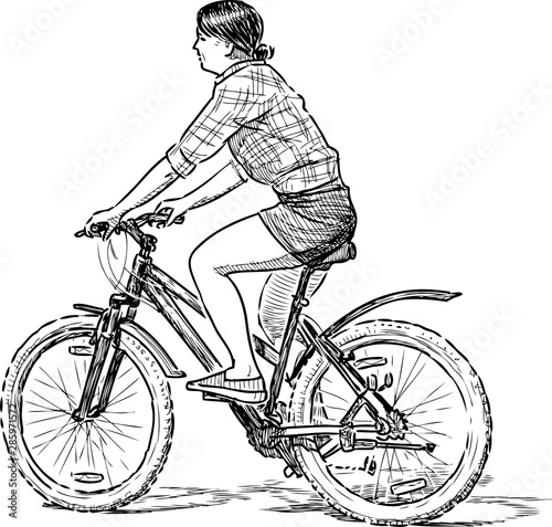 Hand drawing of city woman riding a bicycle on a stroll