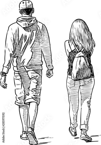 Hand drawing of couple of young townspeople going down street on summer day