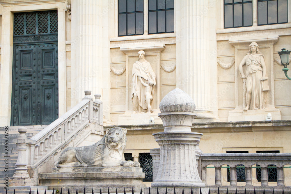 Architectural composition at the main entrance to the Palais de Justice in Paris