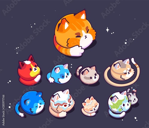Big set of cute cats planets in space. Vector illustration. Flat design. Concept for children print. can be used for sticker, patch, phone case, poster, t-shirt.