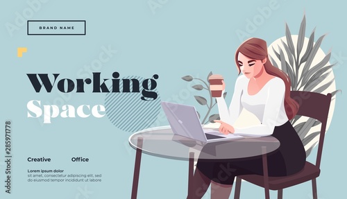 Working space Landing page template. Young female freelancer is sitting in modern hipster cafe at the table with take away coffee, mobile phone. Vector illustration