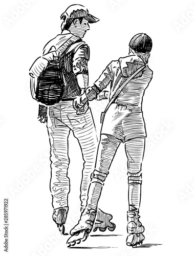 Sketch of couple of young townspeople riding on roller skates