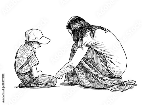 Sketch of young mother and her little son sitting and playing on playground