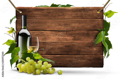 Bottle and transparent glass with white wine and bunch of grapes on a wooden shield.  High detailed realistic illustration.