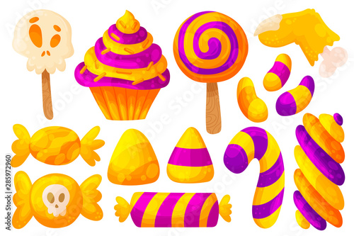 Set of halloween candies and sweets. Cartoon and flat style. Vector illustration on white background.