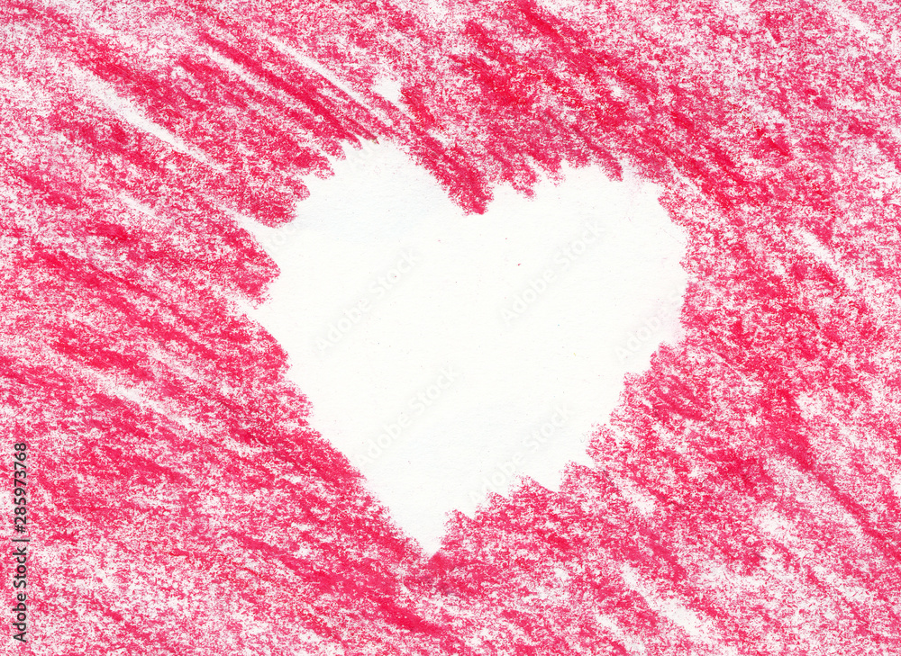 White Crayon heart drawn on the red background White Crayon heart drawn on the red background