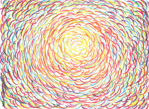 Crayon scribbles - abstract oyful colorful background for a poster, centric composition, hand drawn crayon strokes on paper.