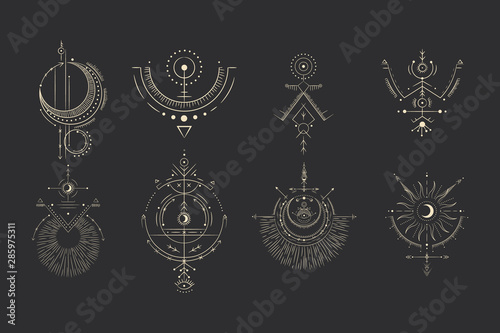 Vector illustration set of moon phases. Different stages of moonlight activity in vintage engraving style. Zodiac Signs