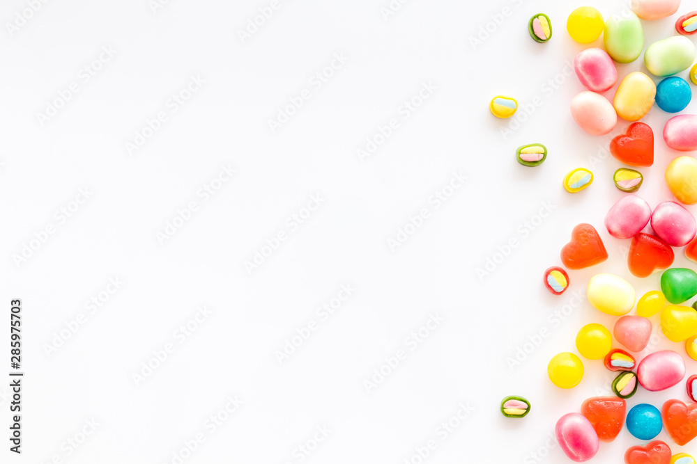 Candy dots and fruit jelly for blog design on white background top view mockup