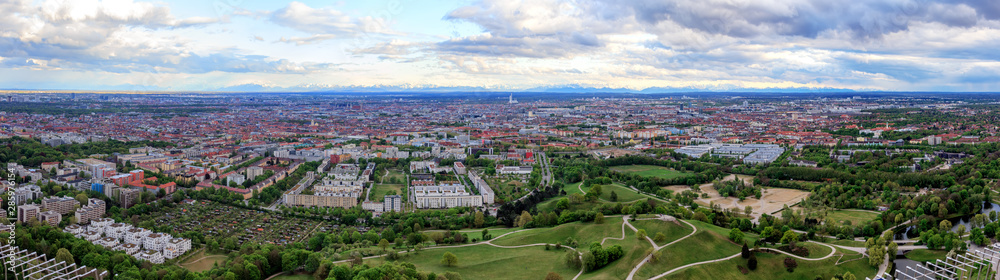 Munich, Germany - Panoramic view from the observation deck (Olimpic Tower) in a cloudy day. 