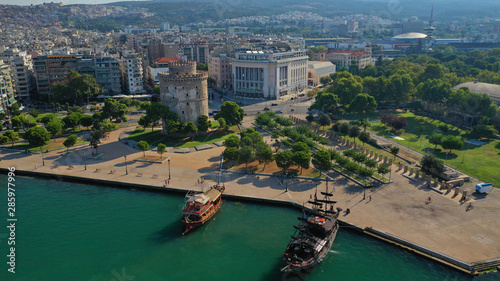 Aerial drone photo of famous tourist vintage ships sailing in Thermaikos water front sea in front of beautiful Thessaloniki or Salonica  North Greece 