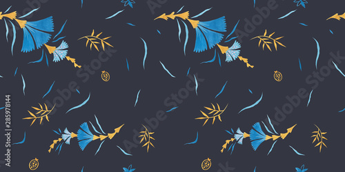 Evening blue pattern design. Wrapping gift paper flower decoration. Hand painted gouache elegant leaves and twigs. Elegance Middle Ages floral ornament. Floral seamless pattern for Mediterranean decor