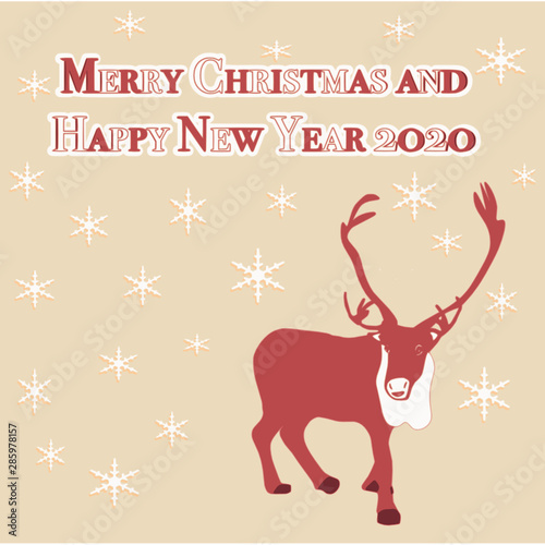 Christmas Card and Happy New year 2020 greeting with vanilla creme color and chili pepper red. Written words and reindeer in the greeting card. Vector illustration.