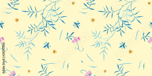 Vanilla color pattern. Wrapping gift paper flower decoration. Hand painted gouache elegant leaves and twigs. Elegance Middle Ages floral ornament. Floral seamless pattern for Mediterranean decor
