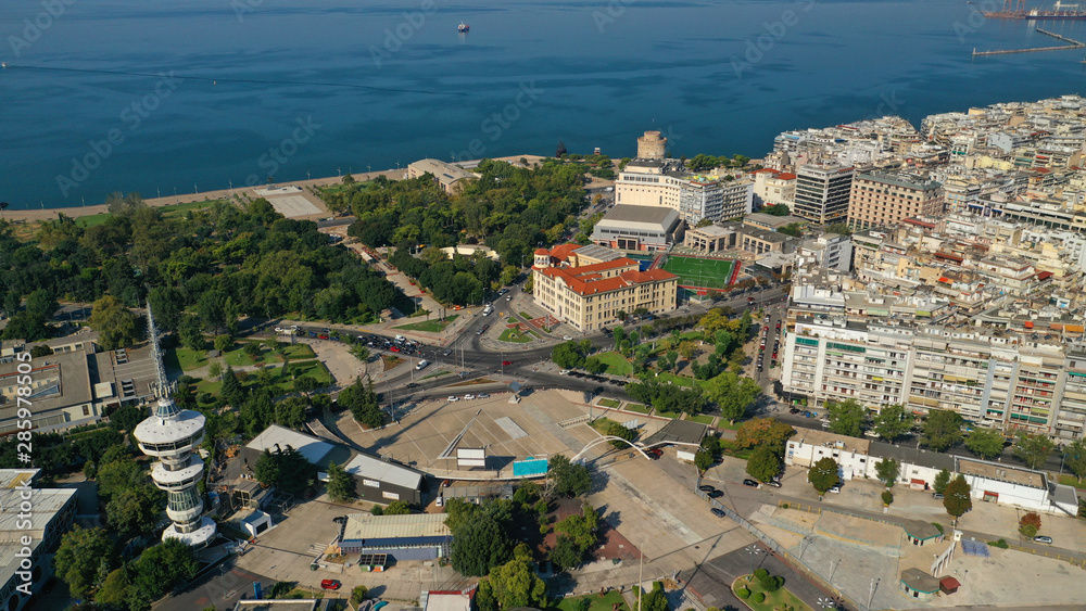 Aerial drone photo of central downtown area of Salonica or Thessaloniki, North Greece
