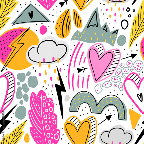 Hand drawn kids seamless pattern for print, fabric, textile. Modern colorful baby background.