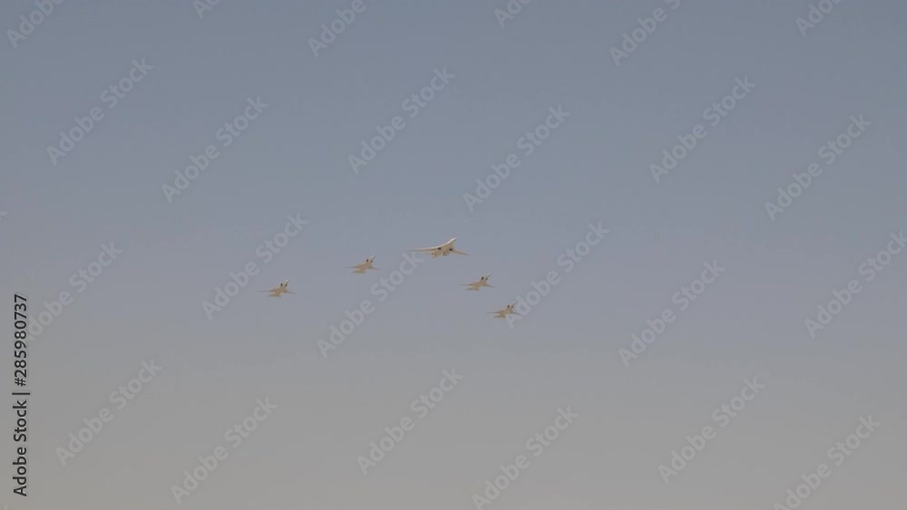 bombers Tupolev Tu-160 and Tu-22m3 fly in sky on training parade in honor of Great Patriotic War victory bombers Tupolev Tu-160 and Tu-22m3 fly in sky on training parade in honor of Great Patriotic War victory