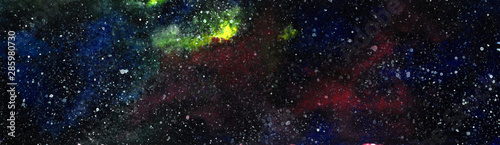 Cosmic background banner. Colorful watercolor galaxy or night sky with stars. Space watercolor.