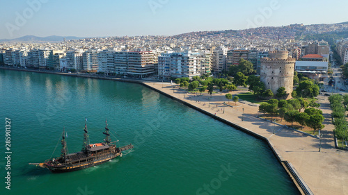 Aerial drone view of iconic historic landmark - old byzantine White Tower of Thessaloniki or Salonica  North Greece