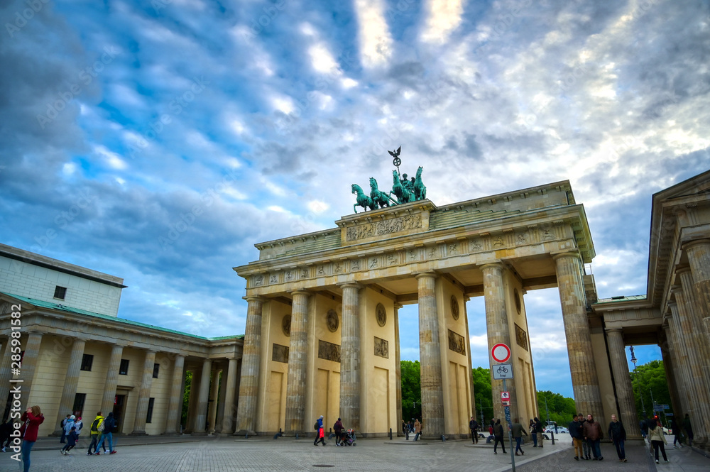 Berlin, Germany - May 3, 2019 - The Brandenburg Gate at sunset located in Pariser Platz in the city of Berlin, Germany.