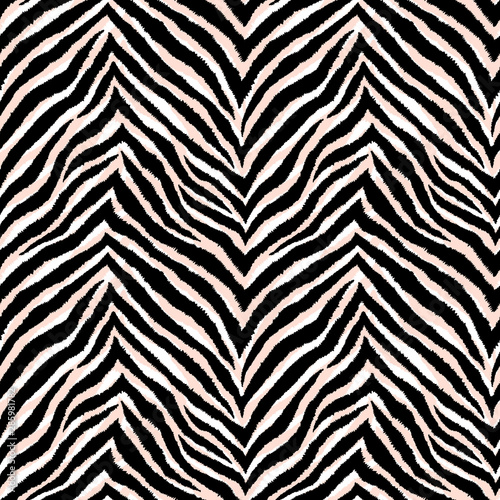 Seamless pattern with zigzag zebra fur print. Black, white, pale pink vector wallpaper. Exotic wild animalistic skin texture.