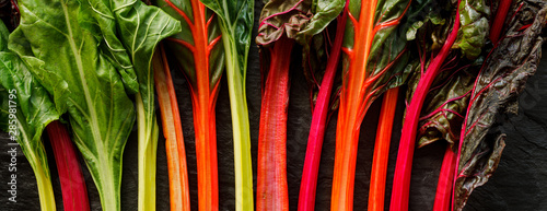 Fotografija Swiss chard in different colors, multi colored  stems on a black background, top