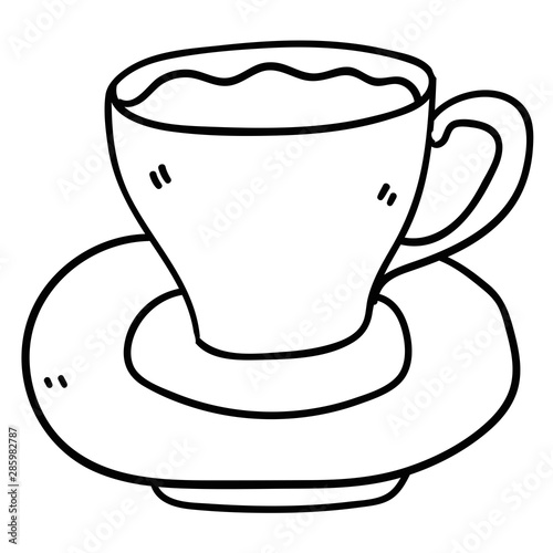 Cartoon doodle linear tea cup and saucer isolated on white background. Vector illustration.   