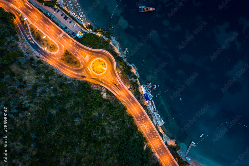 Aerial view of Budva road with lights and cars , Montenegro Aerial view of Budva road with lights and cars , Montenegro
