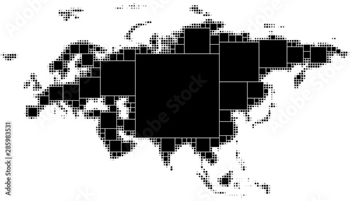 Black and white dotted map of Eurasia. Consisting of smoothly decreasing squares of the maximum size inscribed in the form. Isolated on white background.