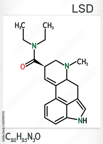 Lysergic acid diethylamide, LSD molecule. It is a hallucinogenic drug. Structural chemical formula photo