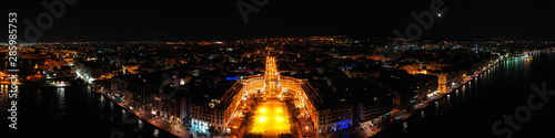 Aerial drone night shot of iconic illuminated Aristotelous square in the heart of Thessalloniki or Salonica, North Greece