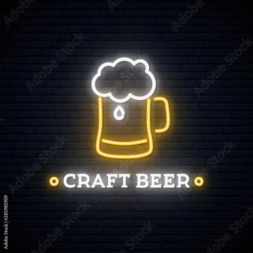 Neon craft beer signboard. Vector beer mug emblem.