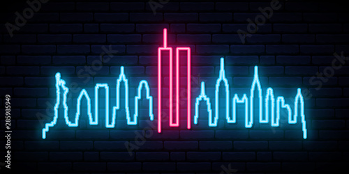 Neon Patriot Day banner with World Trade Center and New York city silhouette. 11th september Remembrance day design.