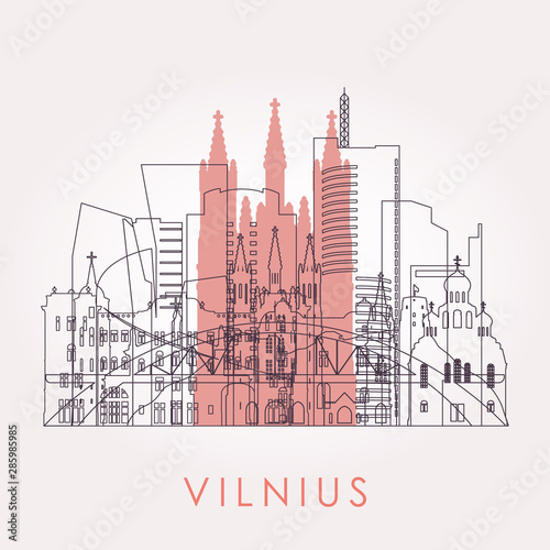 Outline Vilnius skyline with landmarks. Vector illustration. Business travel and tourism concept with historic buildings. Image for presentation, banner, placard and web site.