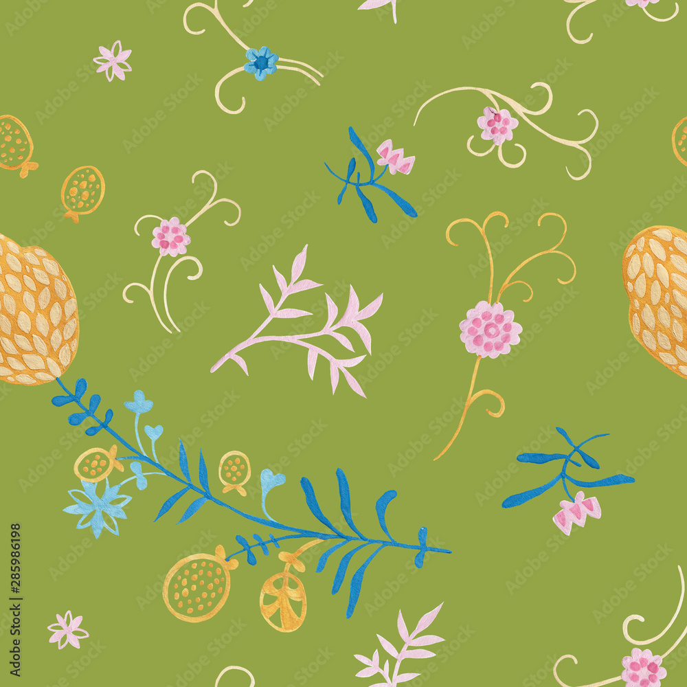 Tea green modern illustration plate decoration. Tea rose and clematis natural petals. Varicolored feminine fabric design. Renaissance flower art. Floral seamless pattern for Mediterranean decor