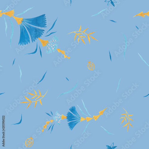 Bluestone pattern design. Wrapping gift paper flower decoration. Hand painted gouache elegant leaves and twigs. Elegance Middle Ages floral ornament. Floral seamless pattern for Mediterranean decor