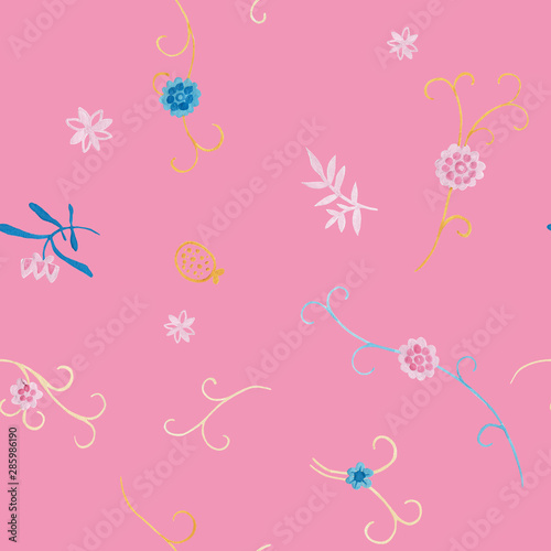 Chrysanthemum modern illustration plate decoration. Tea rose and clematis natural petals. Varicolored feminine fabric design. Renaissance flower art. Floral seamless pattern for Mediterranean decor