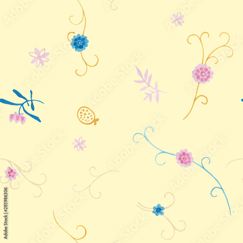 Fototapeta Naklejka Na Ścianę i Meble -  Vanilla color pattern. Wrapping gift paper flower decoration. Hand painted gouache elegant leaves and twigs. Elegance Middle Ages floral ornament. Floral seamless pattern for Mediterranean decor