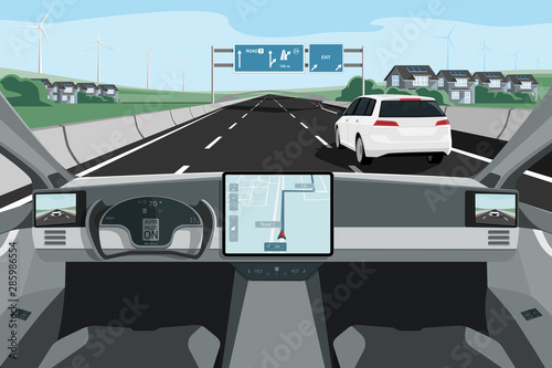 Self driving car on a road. Autonomous vehicle. Inside view. Vector illustration EPS 10