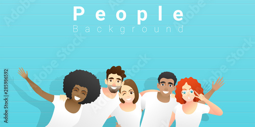 Friendship concept with group of young friends having fun and standing together on blue background , vector , illustration