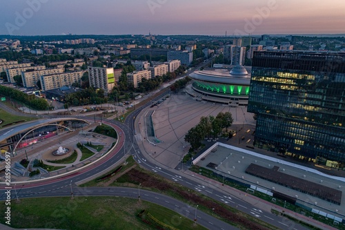 Drone aerial view on Katowice - capital of Polish Silesia voivodeship.